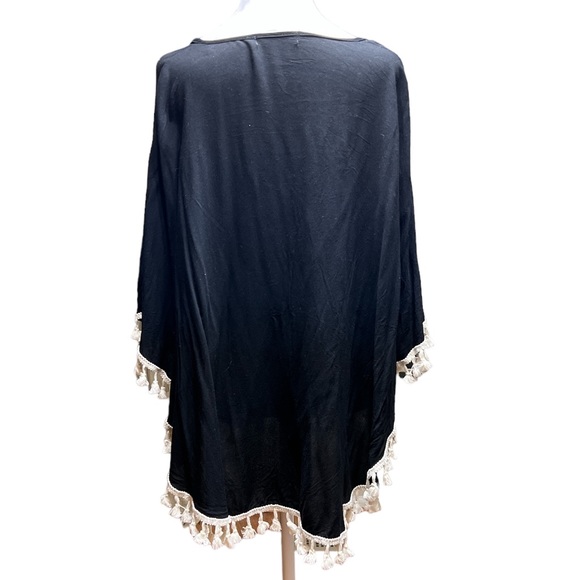 Anandas black floral embroidered poncho wrap bead feather ties tassels one size - Picture 2 of 7